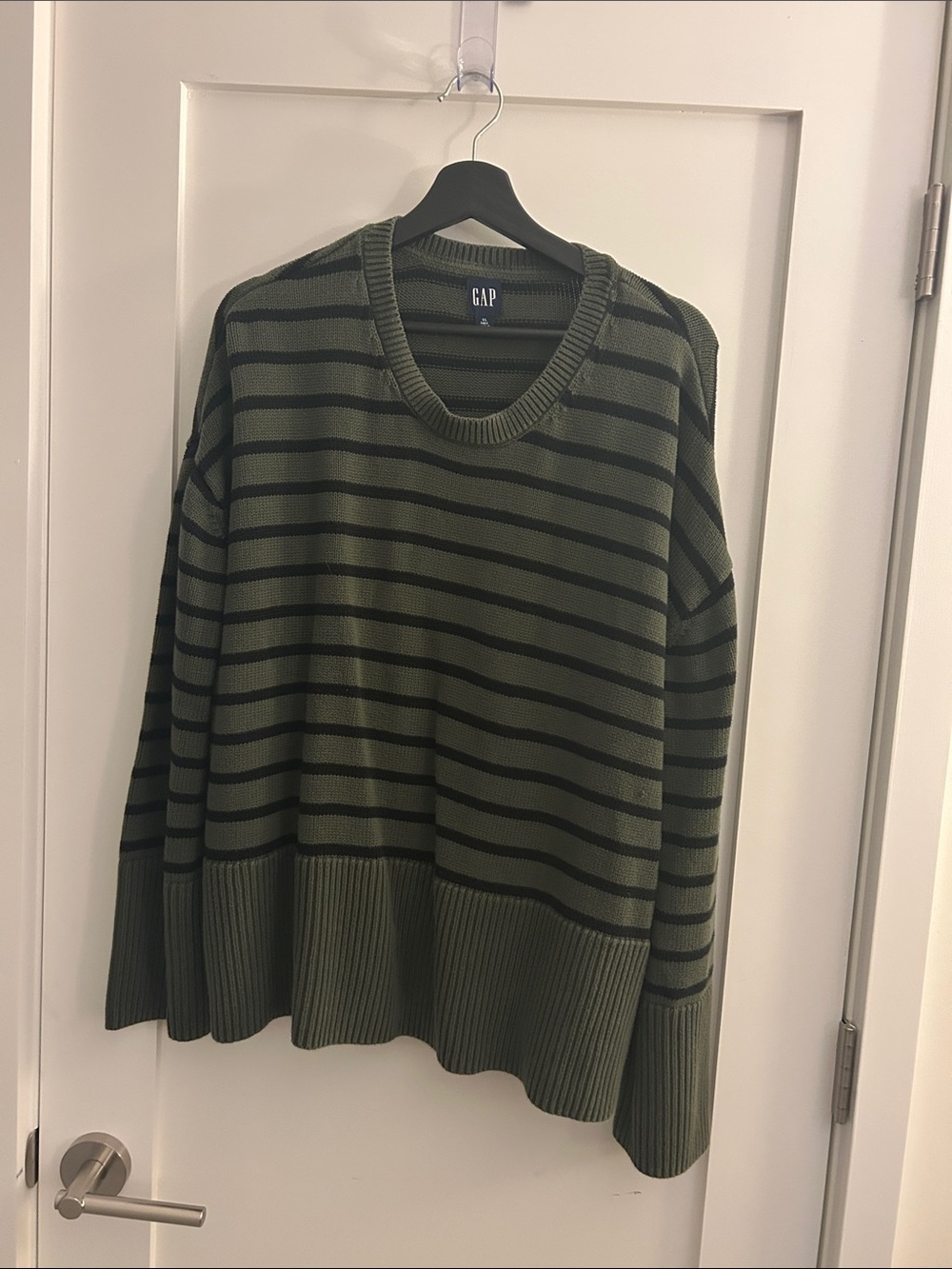 GAP Cotton Olive Green and Black Striped Crewneck Sweater